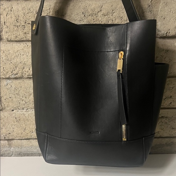 All Saints Black Leather Tote with Gold Zipper - Picture 3 of 11